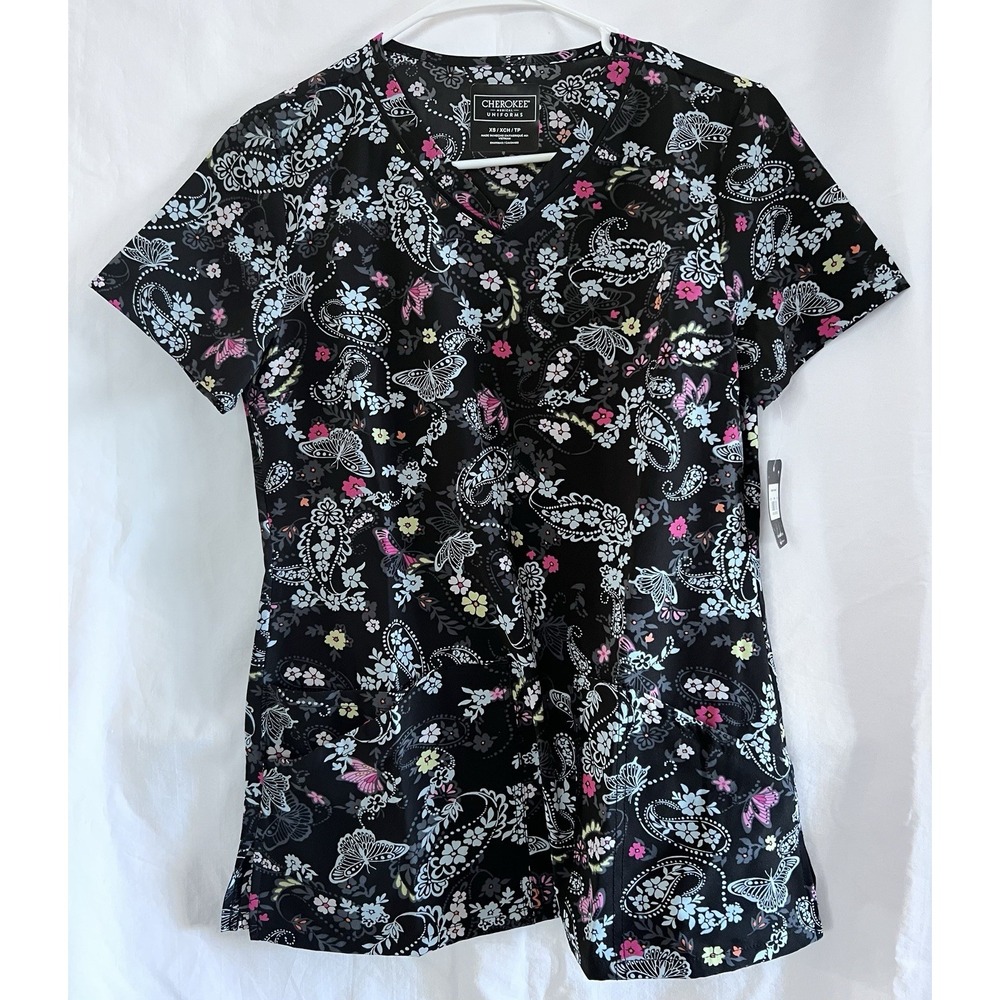 Cherokee Scrub Top Womens Black Sz XS Floral Butterfly Print V-Neck CK678